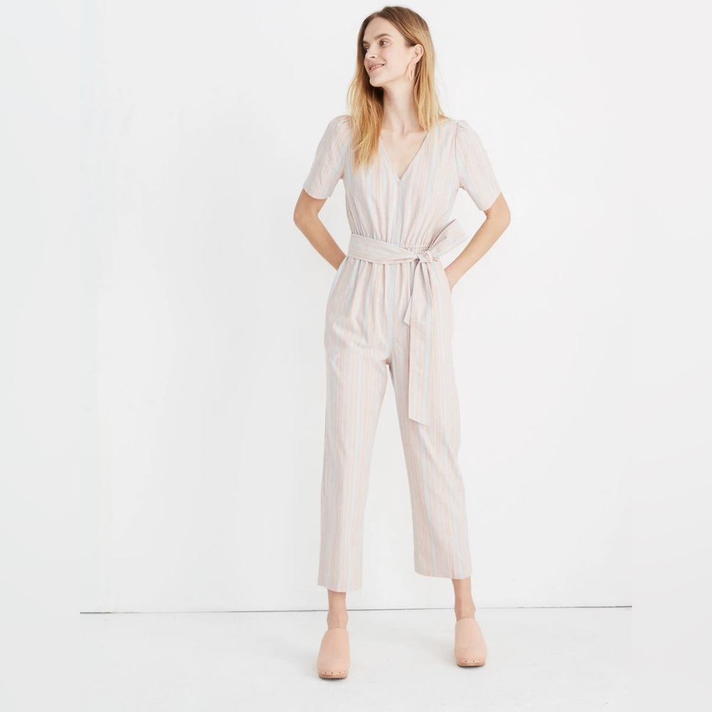 Madewell Women Striped Puff-Sleeve Tapered Jumpsuit Pink / Blue